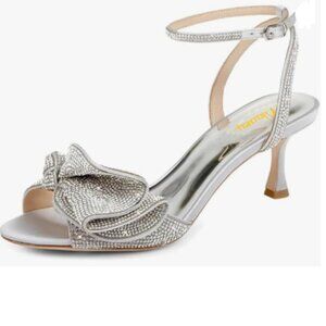 Milooey shoes Silver Glitter Rhinestone Bow Crystal Ankle Strap Mid Heels Sandal